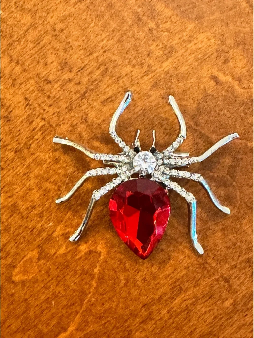 Vintage Spider Brooch with Red Teardrop Gemstone and Clear Rhinestones 503